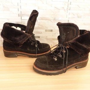 STUART WEITZMAN Boots Women 8 Black Combat Fleece Shearling Velvet Lug Sole Luge
